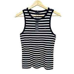 Tommy Hilfiger Womens Slim Fit‎ Stripe Tank Tops M Navy Blue-Optic White Stretch